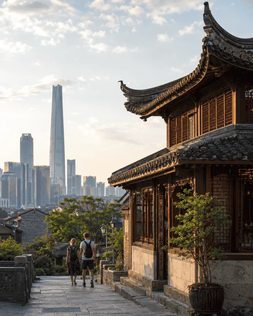 Foreign travelers exploring a traditional Chinese neighborhood with a modern city skyline