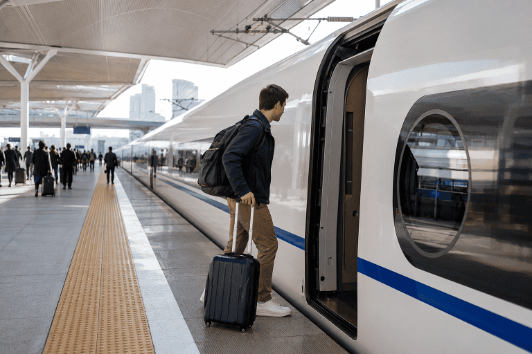 Traveler boarding a high-speed train at a modern station in China