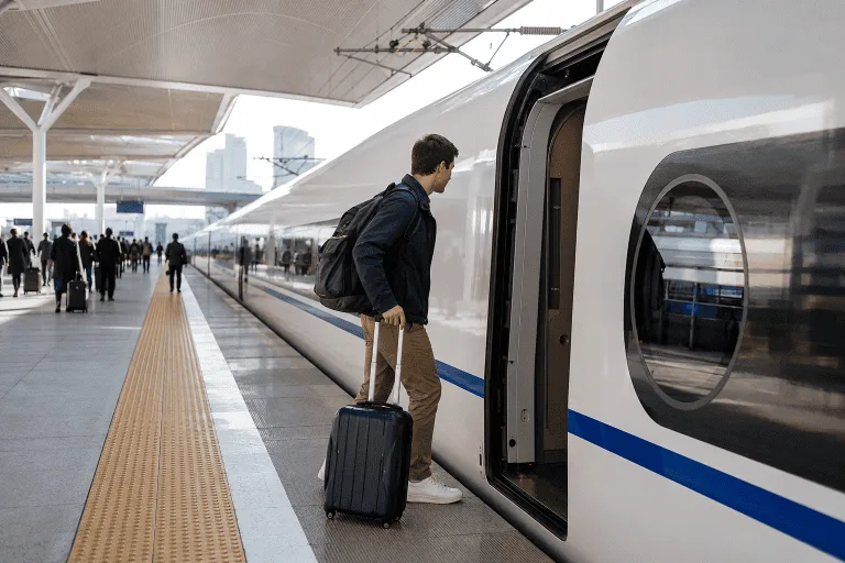 Traveler boarding a high-speed train at a modern station in China