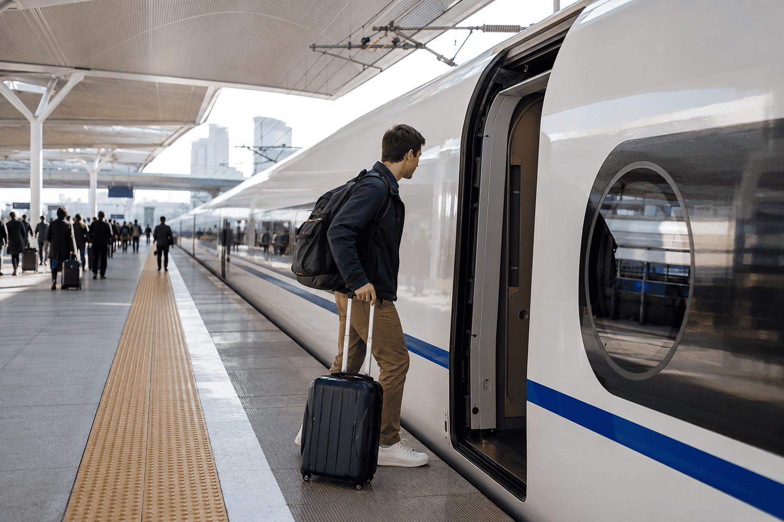 Traveler boarding a high-speed train at a modern station in China