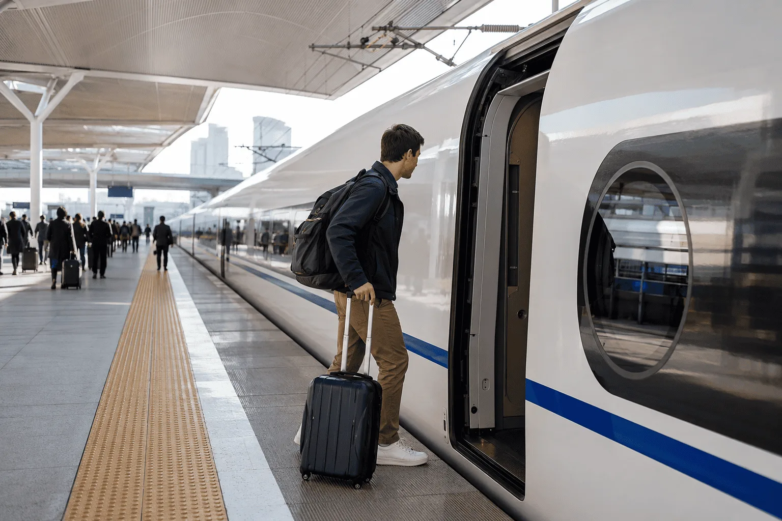 Traveler boarding a high-speed train at a modern station in China