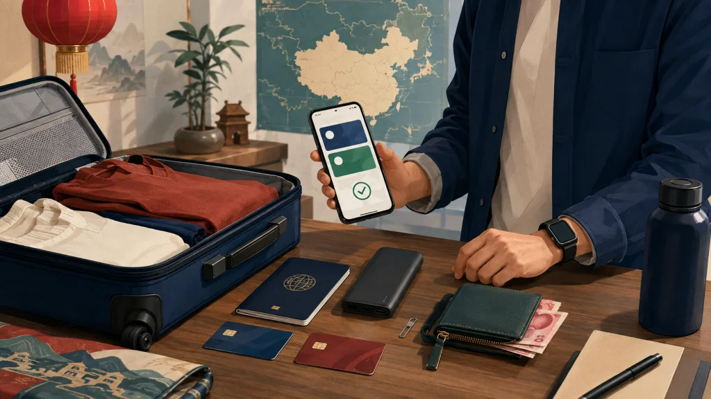 China mobile payment checklist with passport phone backup cards and emergency cash