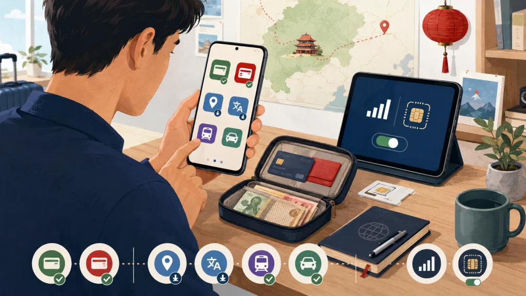 Traveler preparing mobile payments, backup cards, phone connectivity and essential apps for China