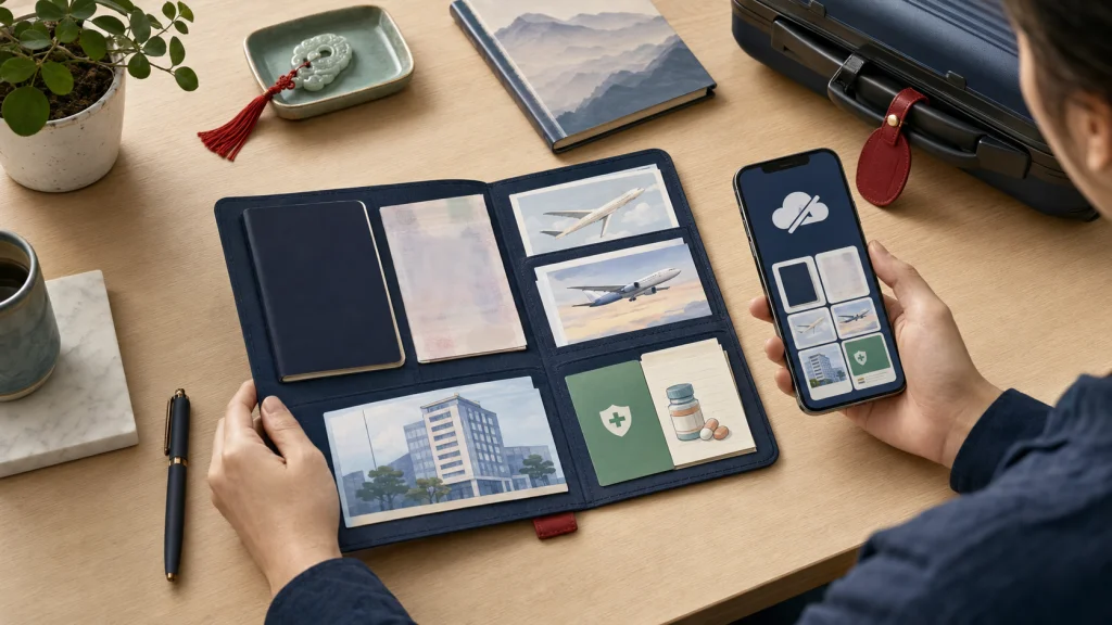 Passport, flights, hotel, insurance and prescription information saved offline for travel to China