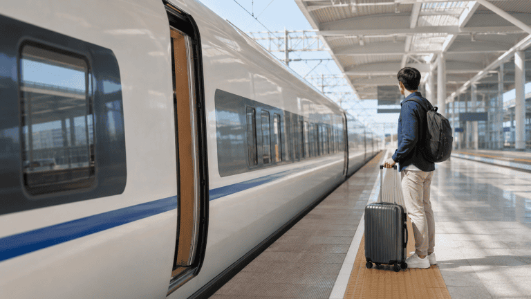 Foreign traveler boarding a high-speed train at a modern station in China