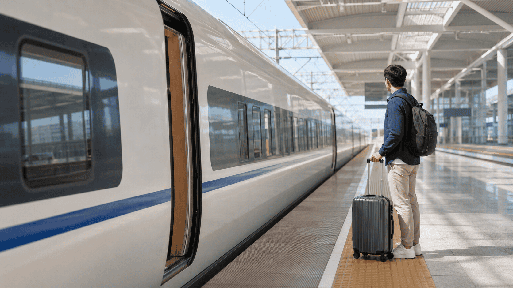Foreign traveler boarding a high-speed train at a modern station in China