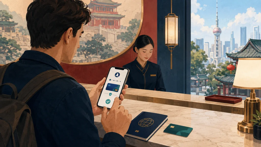 Traveler linking an international bank card to a mobile payment app in China
