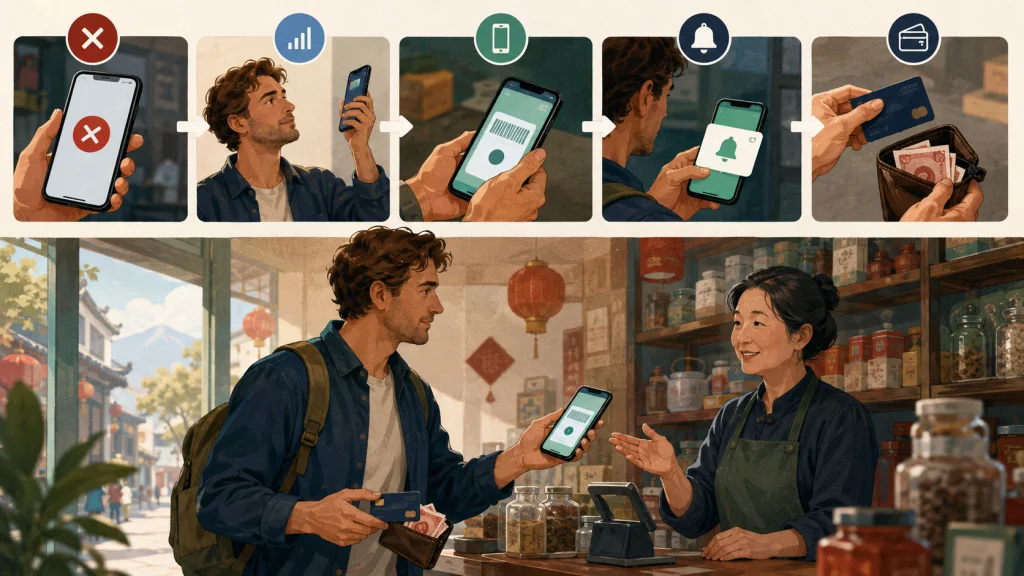 Traveler switching to backup payment methods after a mobile payment fails in China