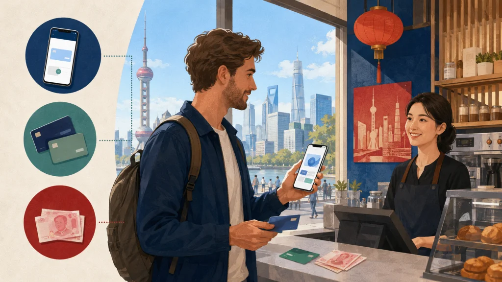 International visitor using mobile payment with backup cards and cash in China