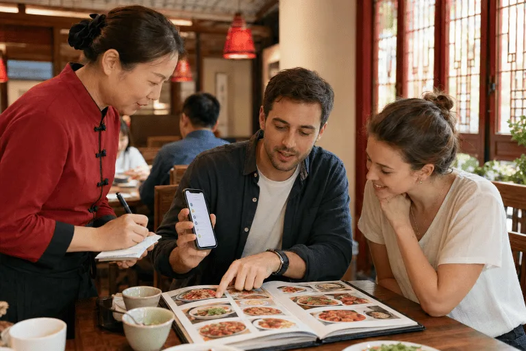 Visitor using a translation app and picture menu to order food in a Chinese restaurant