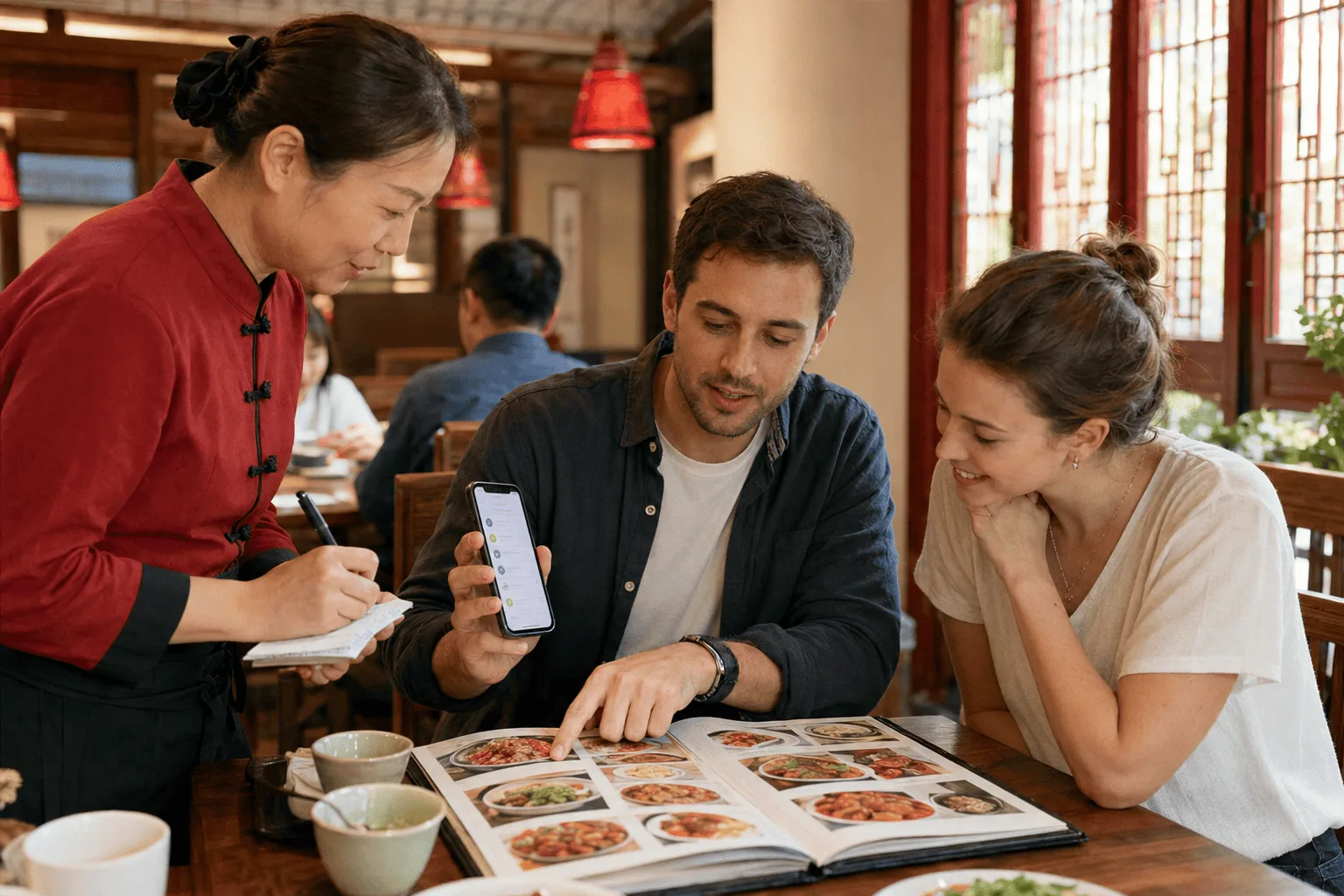 Visitor using a translation app and picture menu to order food in a Chinese restaurant