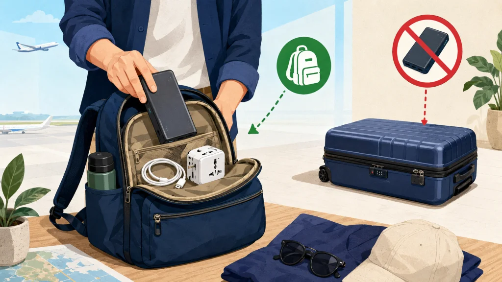 Traveler placing a power bank and travel adapter in a carry-on backpack instead of checked baggage