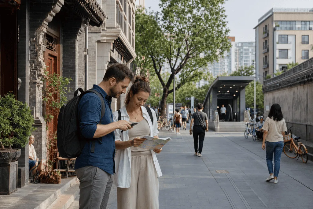 International visitors navigating everyday life in a Chinese neighborhood