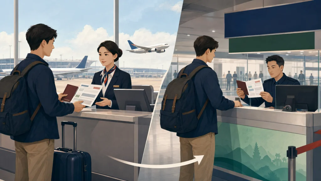 Airline document check followed by temporary-entry immigration inspection for transit through China