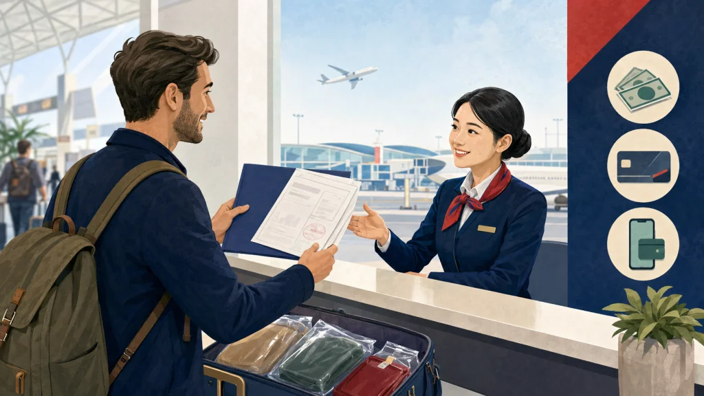 International traveler completing a tourist tax refund at a Chinese departure airport