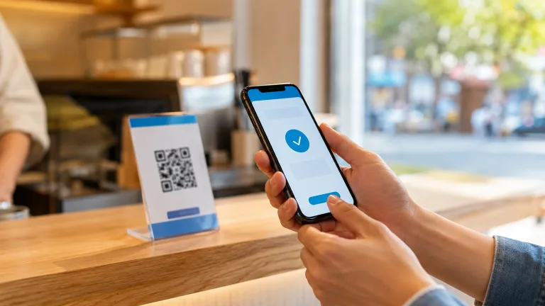 Foreign visitor using a smartphone to pay by QR code in China