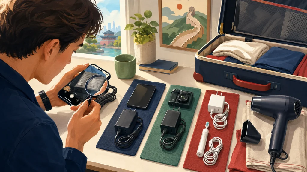 Traveler checking the electrical input label on chargers before visiting China