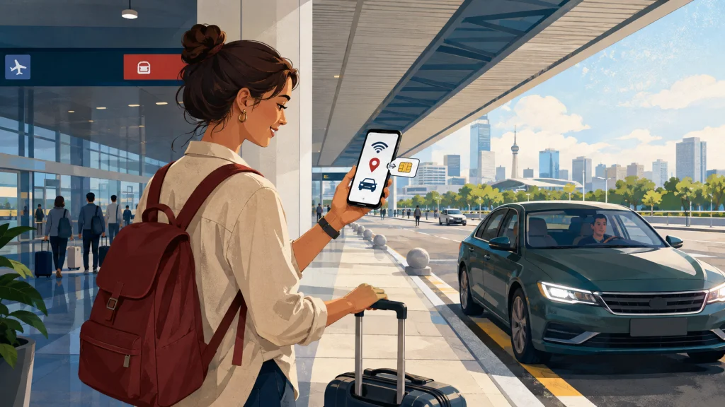 International traveler using mobile data and arranging a ride at a Chinese airport