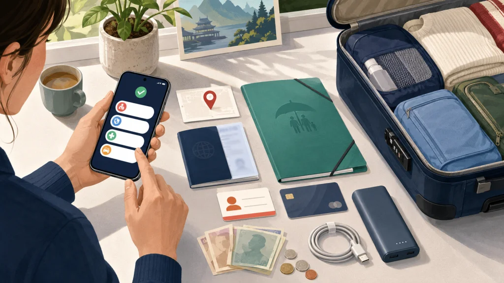 Emergency contacts, insurance documents, payment methods and phone charging prepared for a China trip