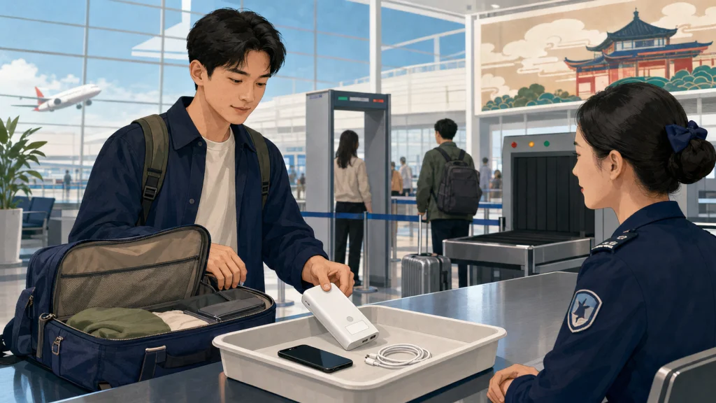 Traveler placing a power bank in an airport security tray from carry-on luggage in China