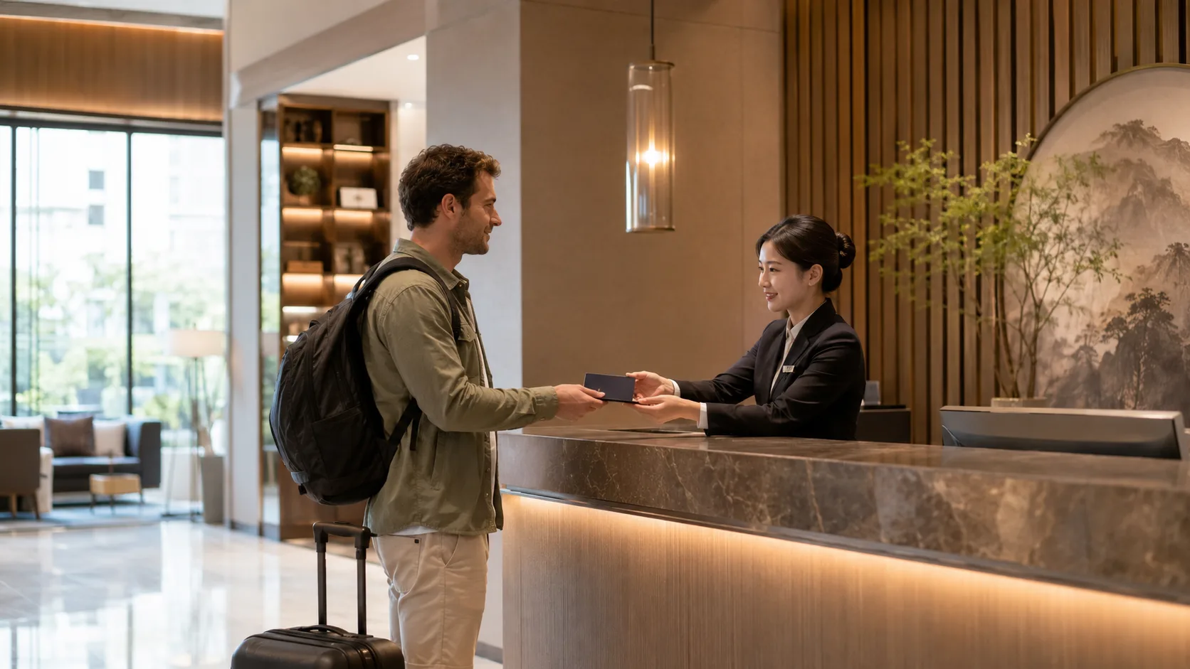 International traveler checking into a hotel in China with a passport