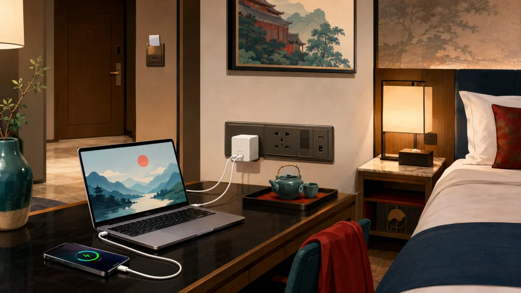Phone and laptop charging safely with a personal wall charger in a Chinese hotel