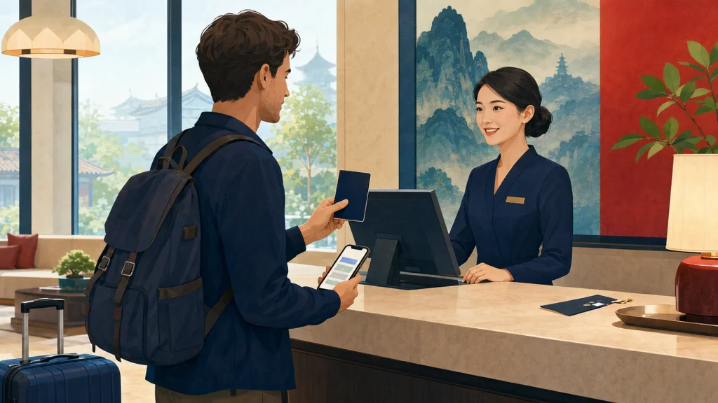 International guest presenting an original passport during hotel check-in in China