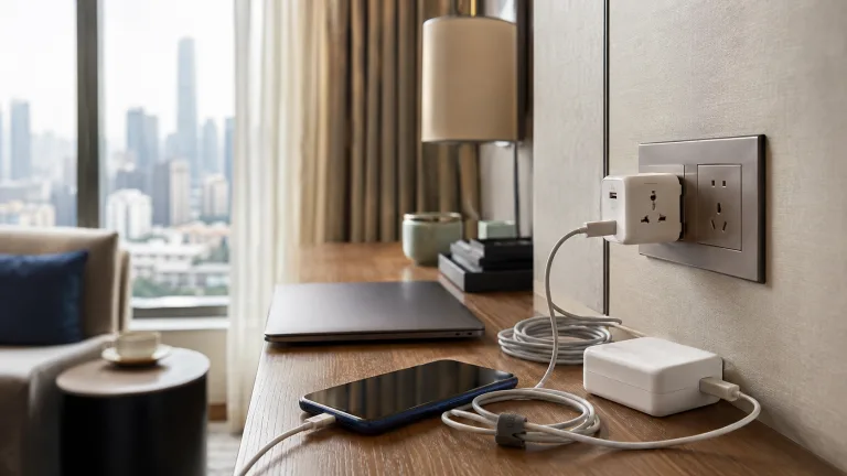 Travel adapter charging a smartphone and laptop in a modern China hotel room