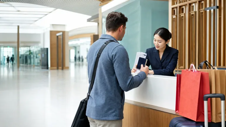 Foreign visitor presenting receipts and travel documents at a China airport tax refund counter