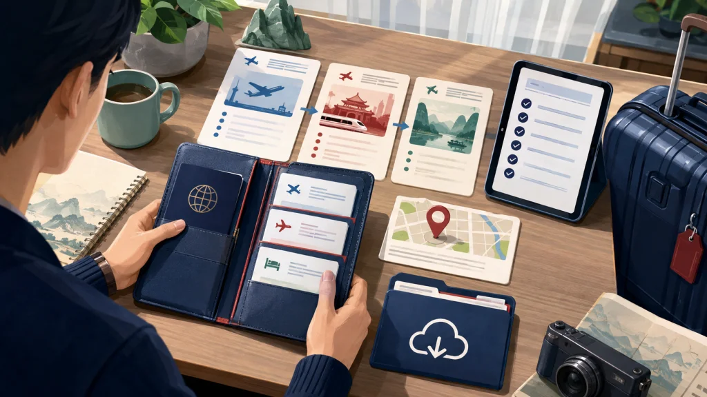 Passport, onward ticket, hotel booking and offline itinerary prepared for visa-free transit in China