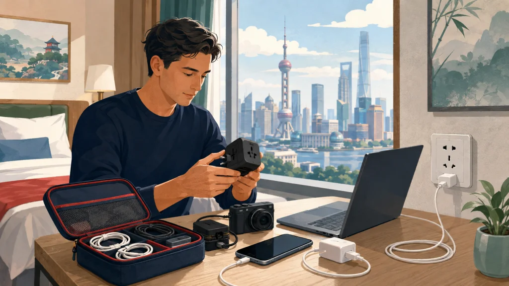 International traveler preparing a universal plug adapter and charging equipment for China
