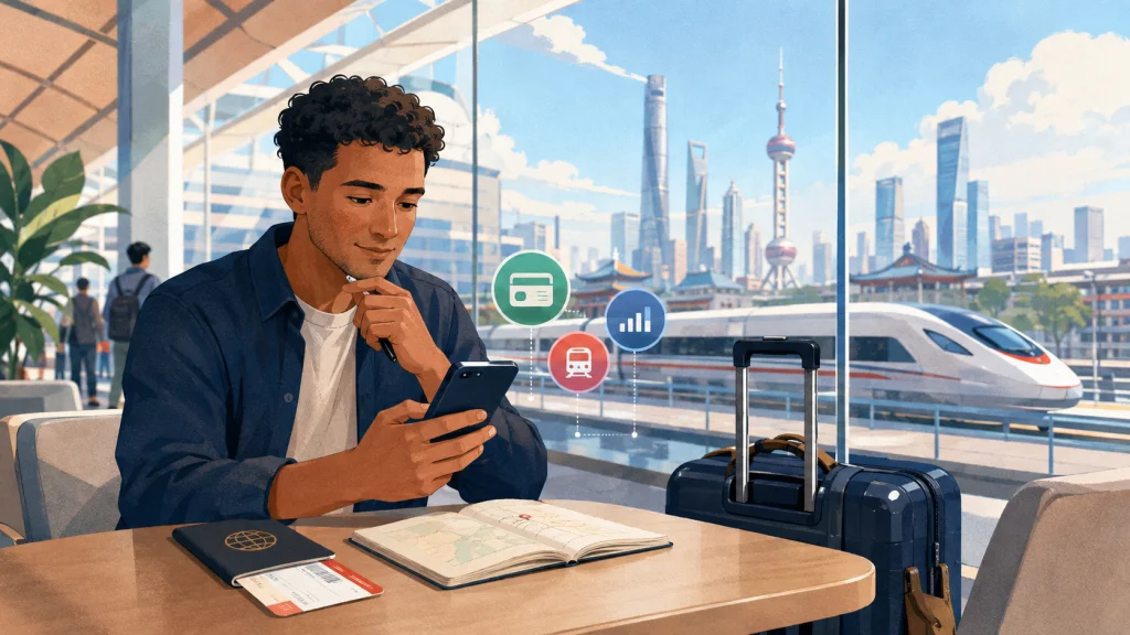 China Travel Guide Cover Image.International traveler preparing essential documents, payments, connectivity and transport for a trip to China