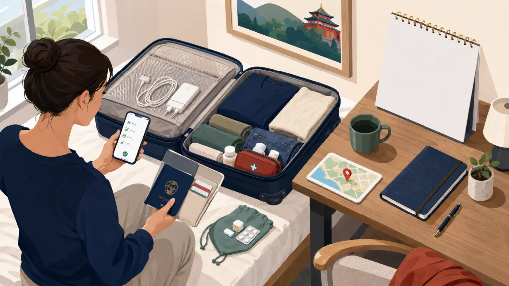 Traveler packing documents, phone accessories, medicine and other essentials before visiting China