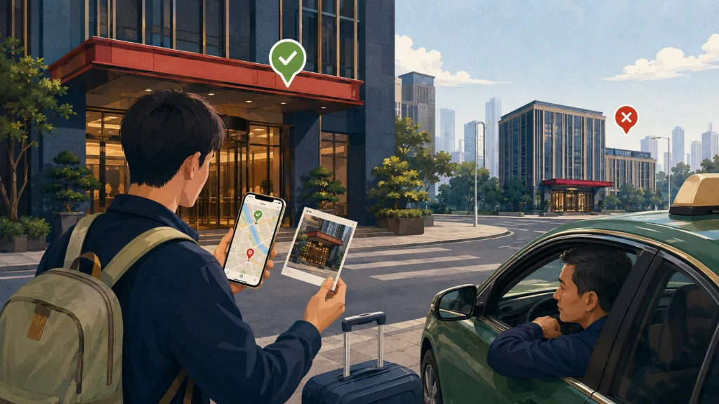 Traveler confirming the exact hotel branch and location with a driver in China