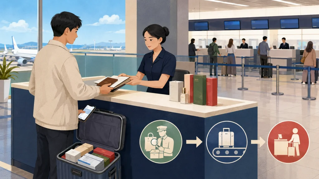 Tourist presenting unused purchases and tax refund documents to customs before checking baggage