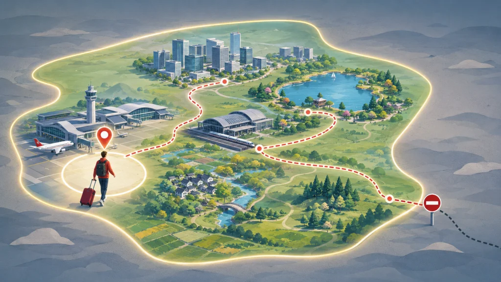 Conceptual illustration of entering through a designated port and remaining within the permitted transit area