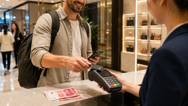 International traveler using a foreign credit card at a payment terminal in China with RMB cash as backup