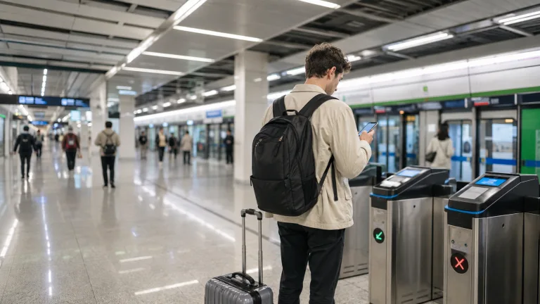 International traveler using a phone at metro gates in China