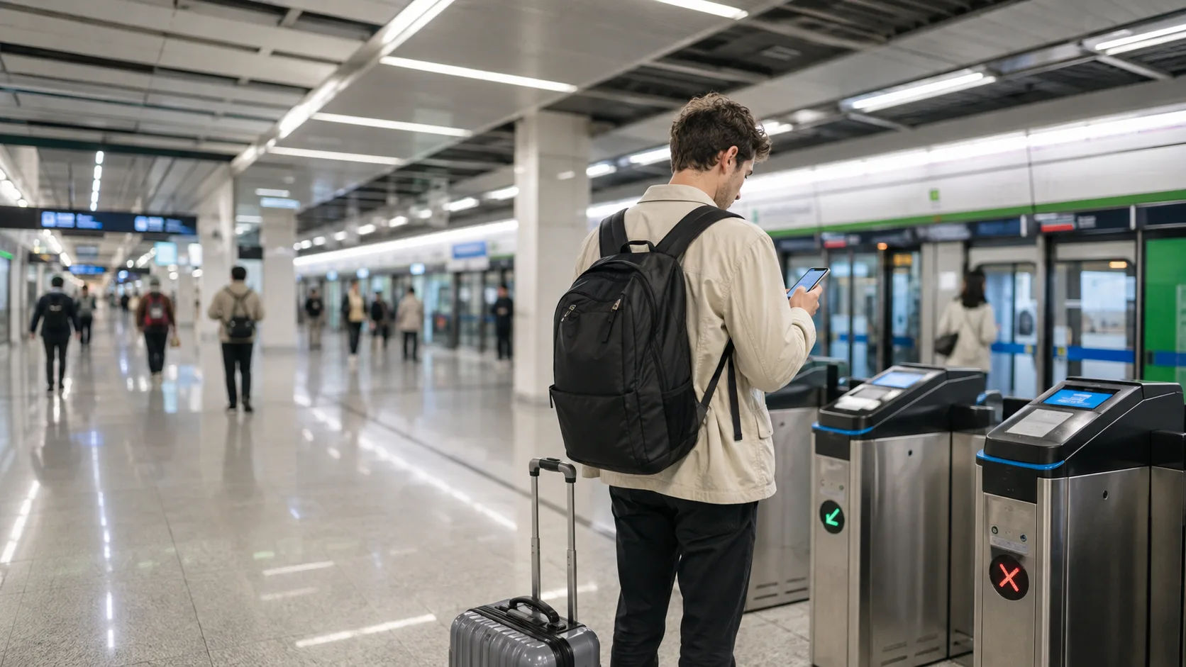 International traveler using a phone at metro gates in China