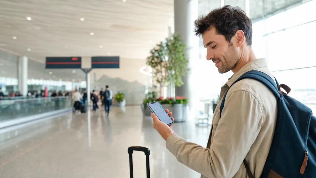 Traveler activating a China eSIM on a smartphone at an airport