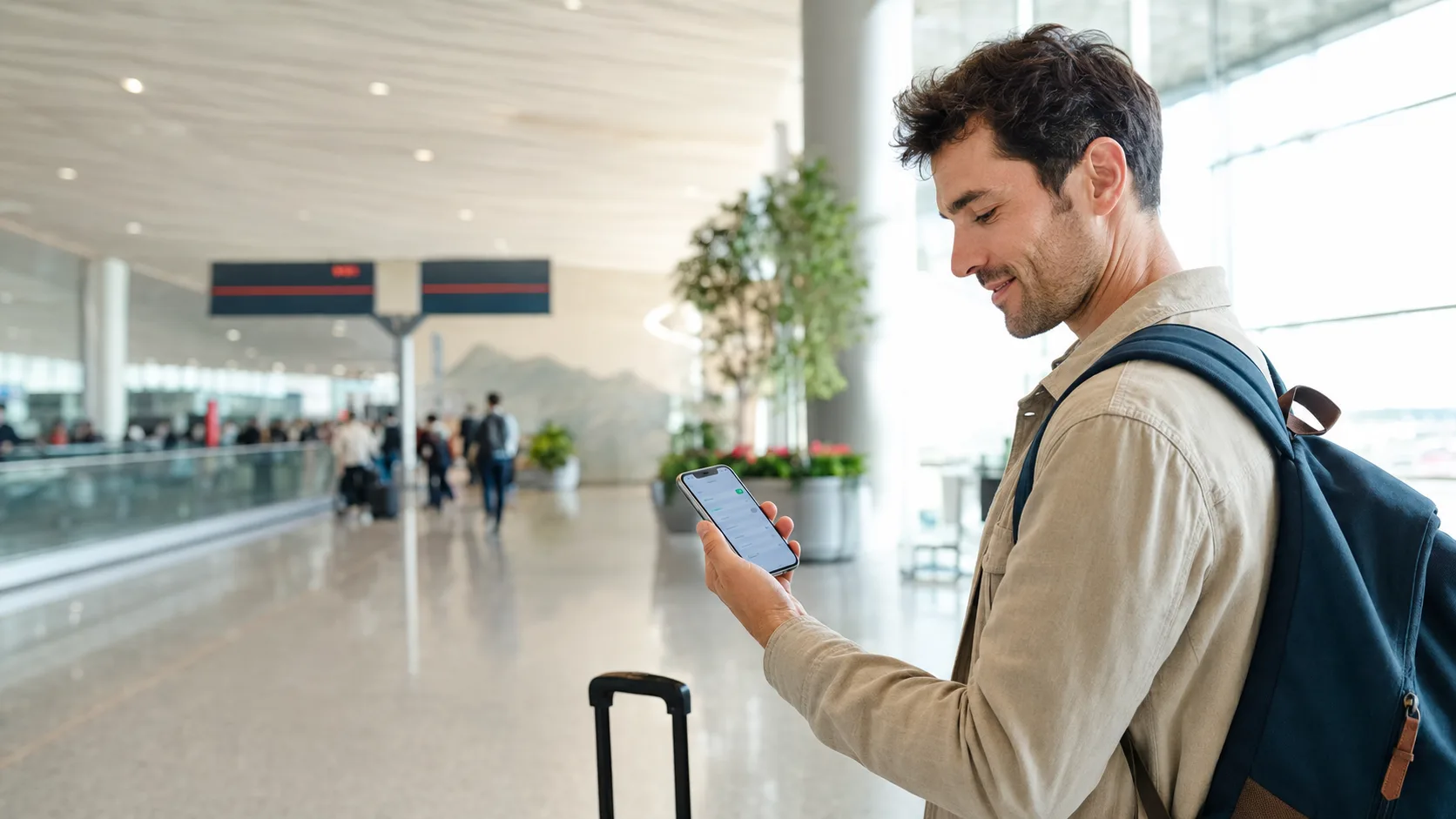 International traveler activating a China eSIM on a smartphone after arriving at an airport