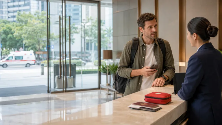 International traveler asking hotel staff for emergency assistance in China