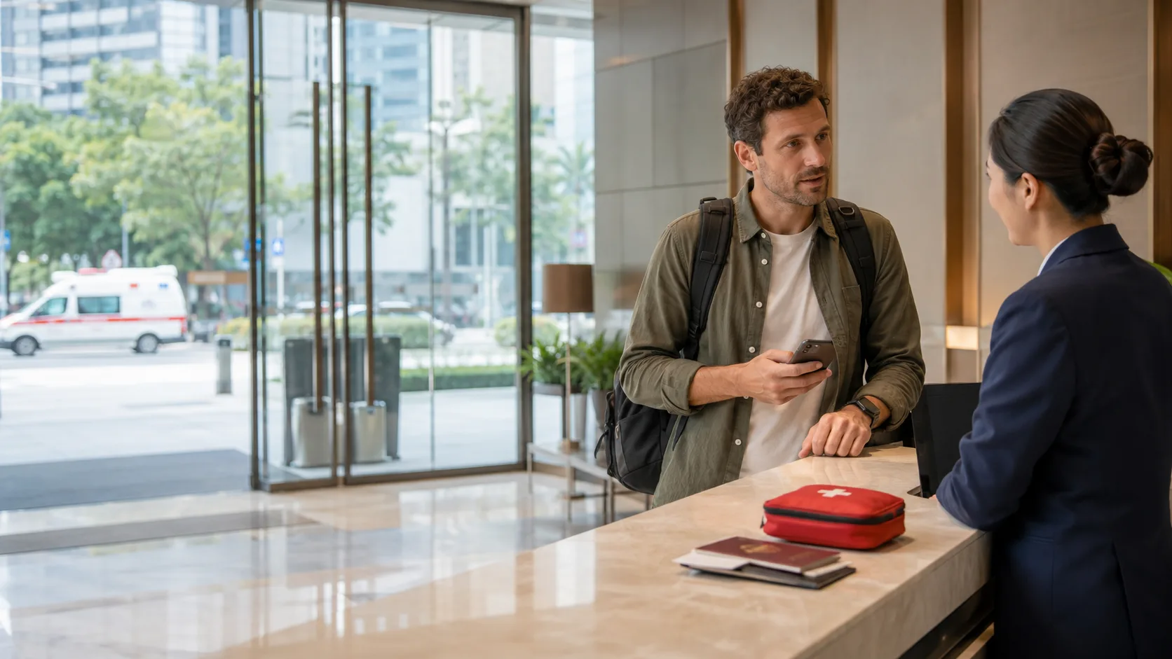 International traveler asking hotel staff for emergency assistance in China