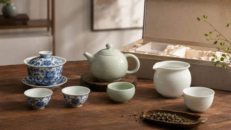 Jingdezhen porcelain, Longquan celadon and Dehua white porcelain tea sets arranged as gifts