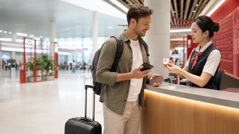 International traveler buying a Chinese SIM card with a passport at an airport service counter