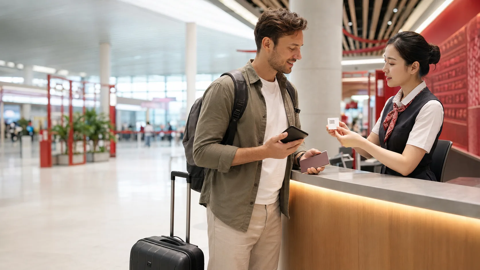 International traveler buying a Chinese SIM card with a passport at an airport service counter
