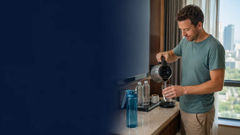 International visitor preparing boiled drinking water in a modern Chinese hotel room
