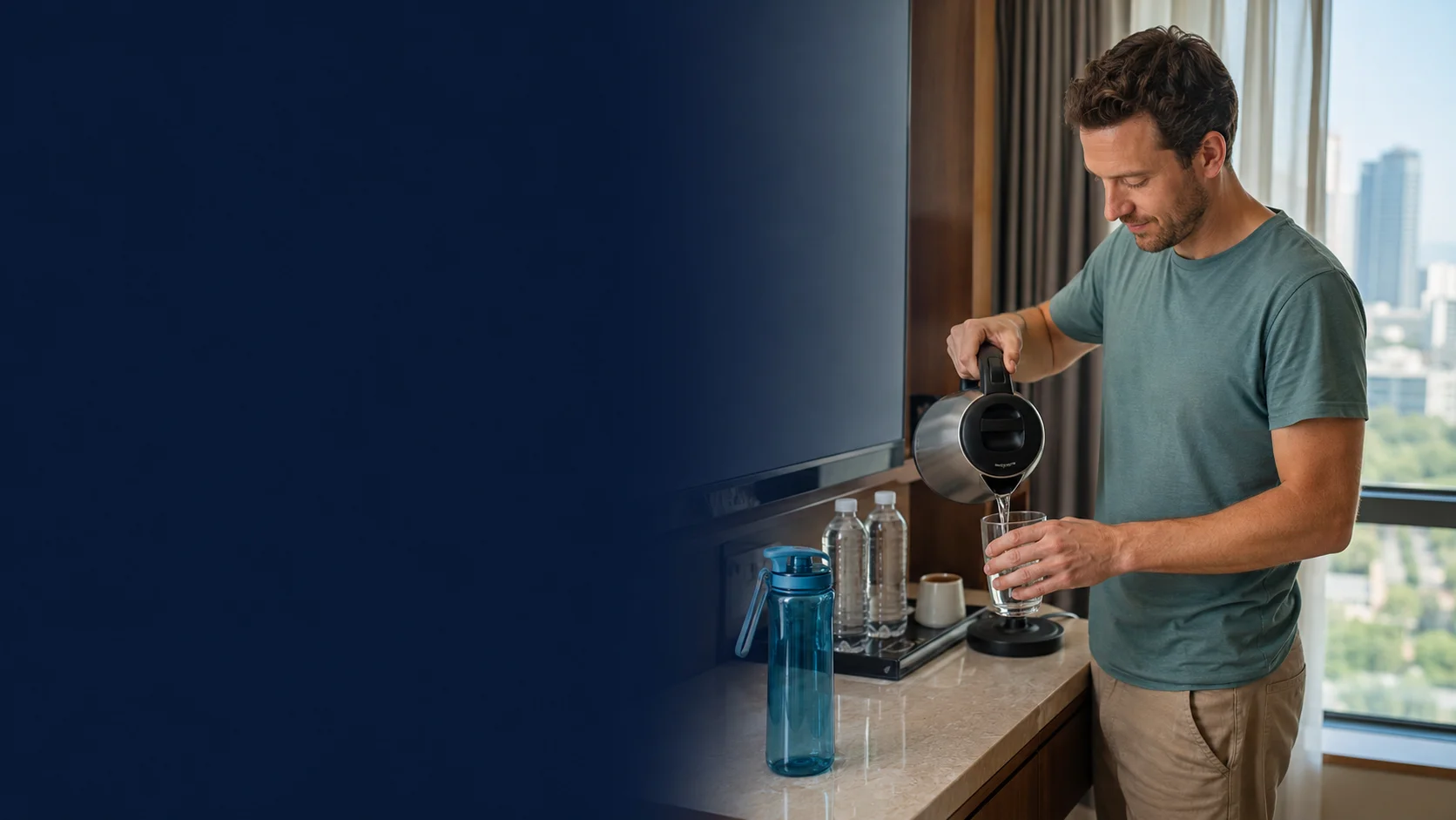 International visitor preparing boiled drinking water in a modern Chinese hotel room