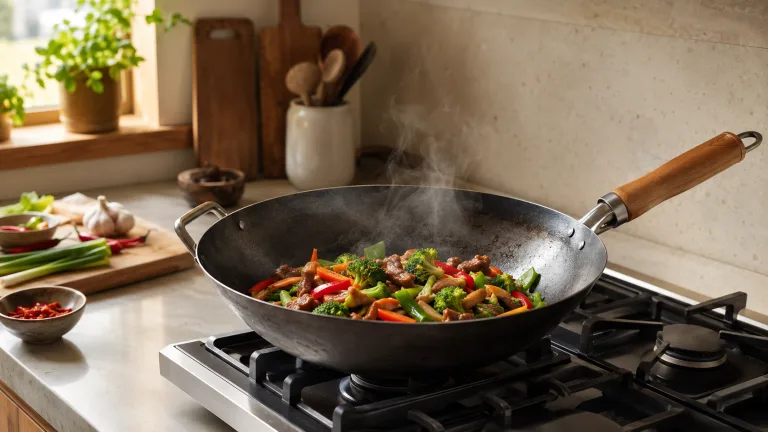 Flat-bottom carbon-steel wok cooking vegetables on a Western gas stovetop