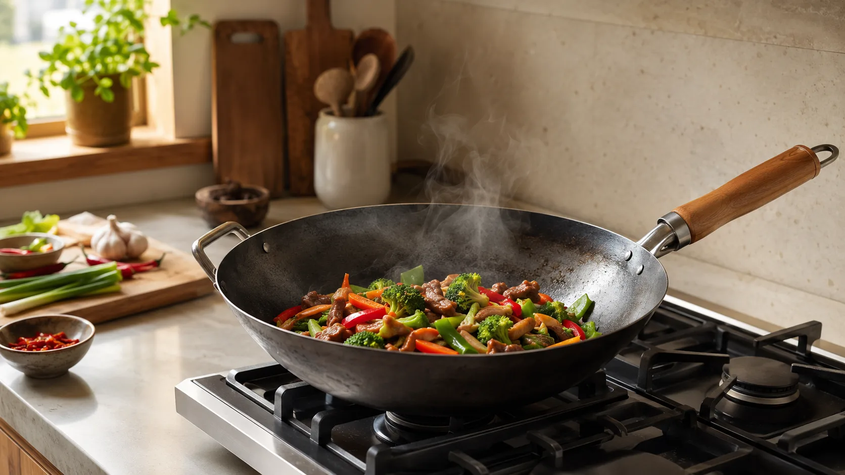 Flat-bottom carbon-steel wok cooking vegetables on a Western gas stovetop